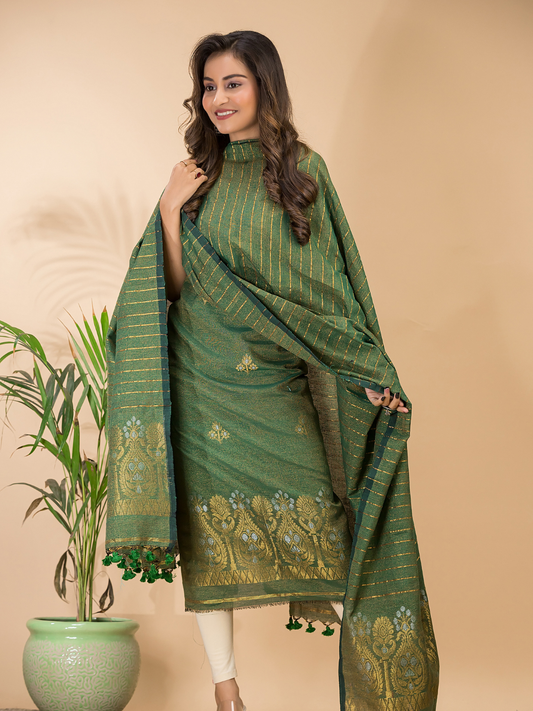 Forest Green Organic Linen 2-Piece Set Kurti & Dupatta (UNSTITCHED) - 112