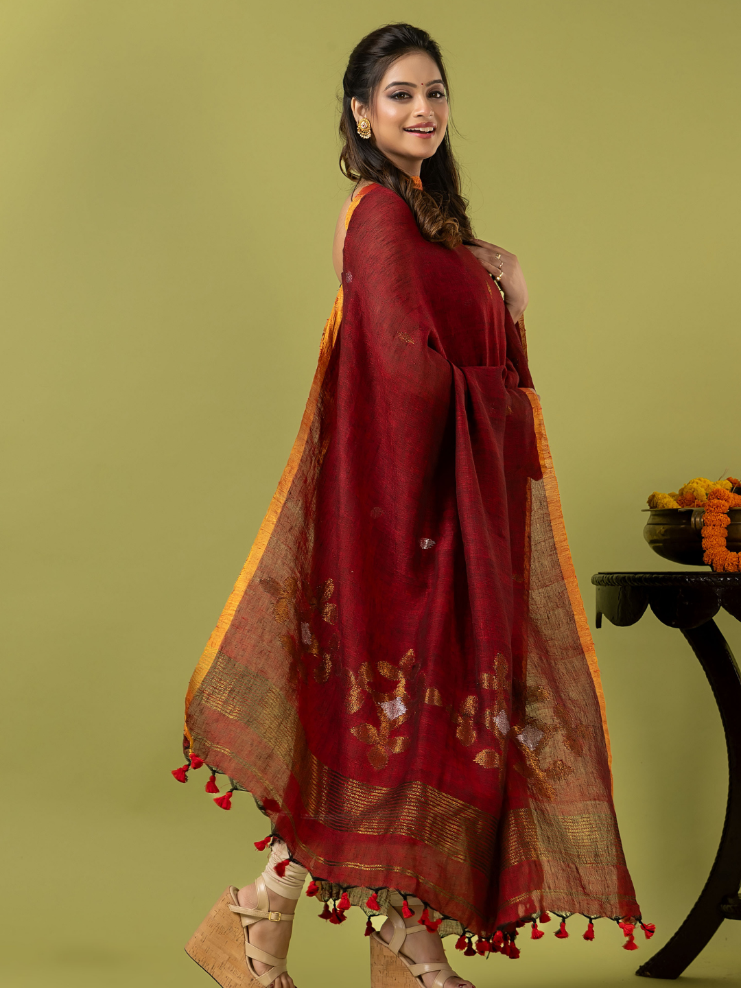 Handwoven Jamdani Linen Unstitched 2-piece Kurti | Deep Red