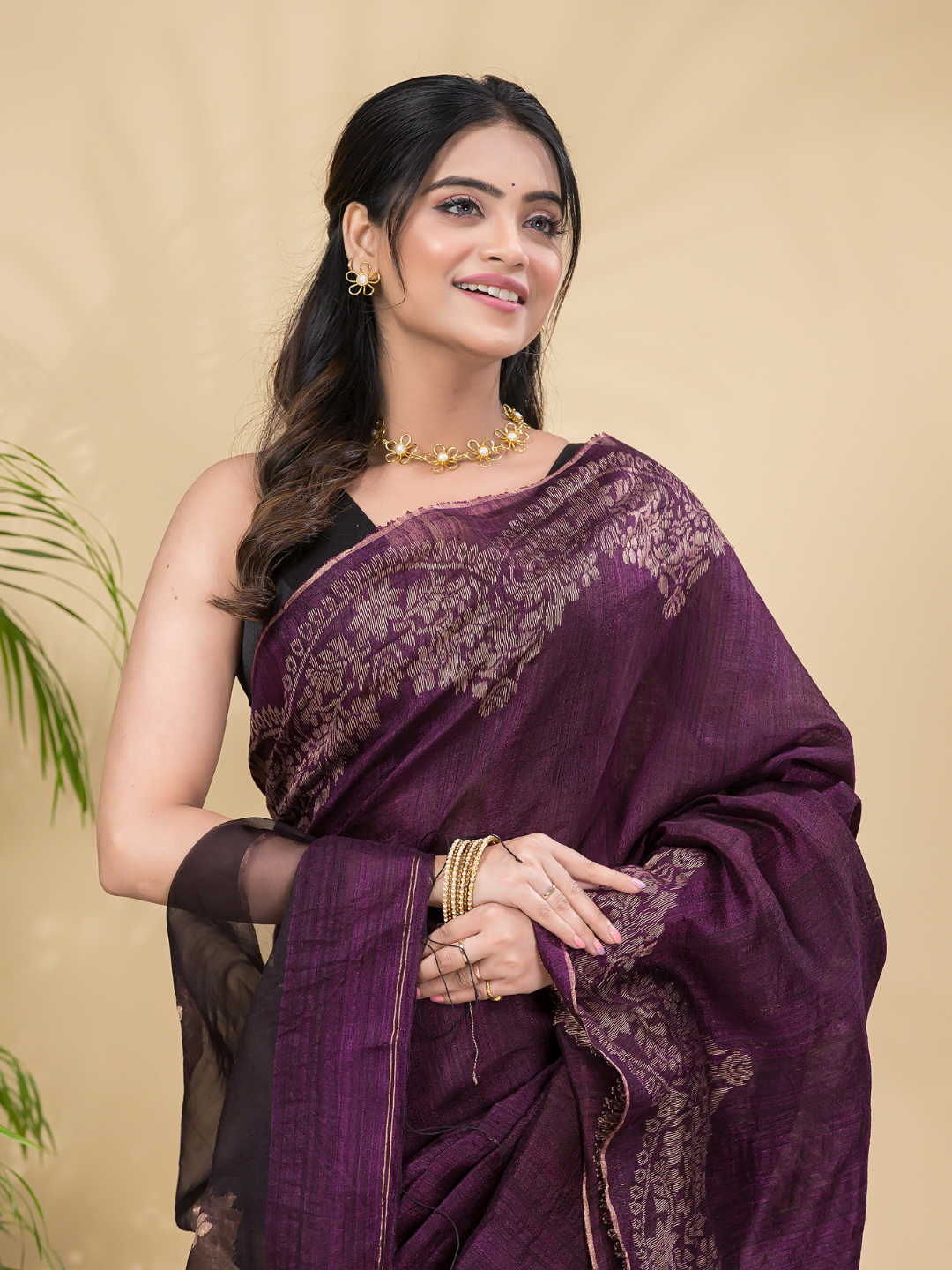 Matka Silk Jamdani Saree With Wine Purple - 025