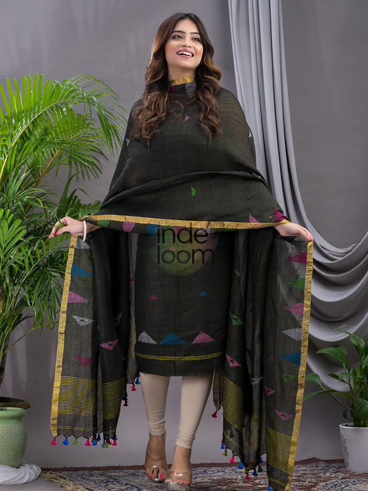 Army Green Linen X Linen 2-Piece Set Kurti & Dupatta (UNSTITCHED) - 117