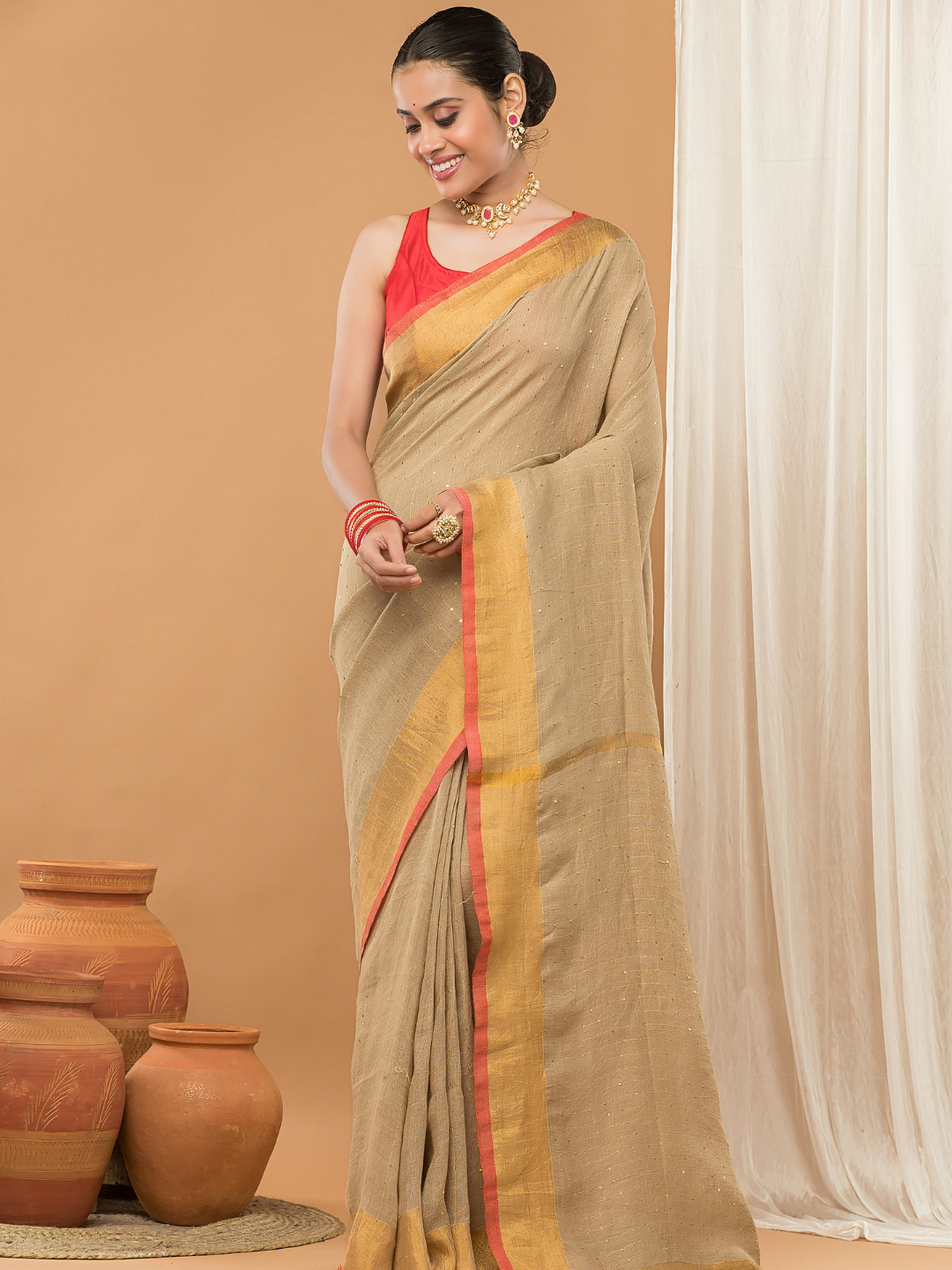 Linen Sequin Jamdani Saree With Light Golden Beige-005