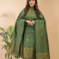 Forest Moss | Handloom Jamdani Linen Unstitched 2-Piece Kurti | Benaras Design