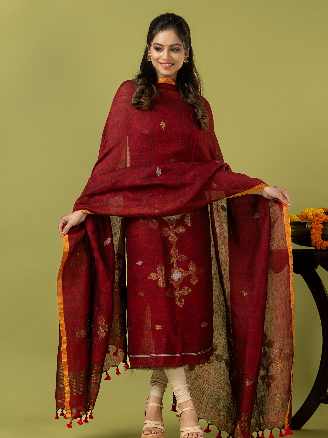 Handwoven Jamdani Linen Unstitched 2-piece Kurti | Deep Red