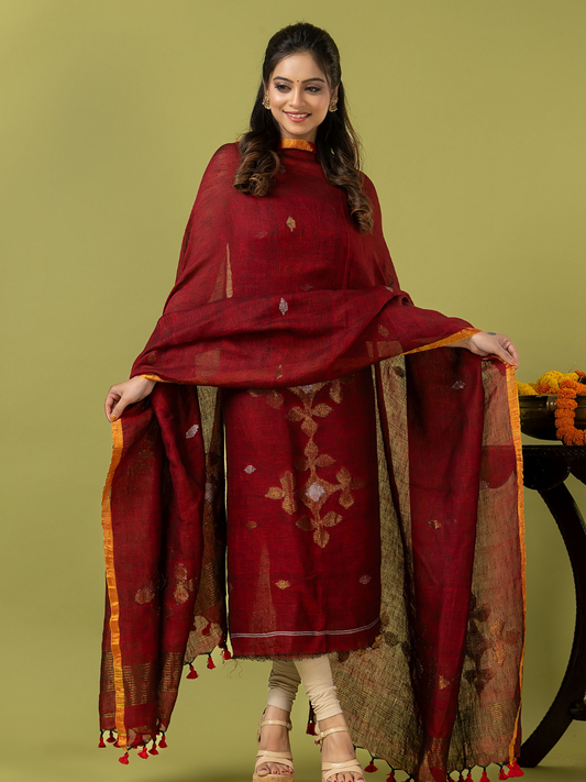 Handwoven Jamdani Linen Unstitched 2-piece Kurti | Deep Red