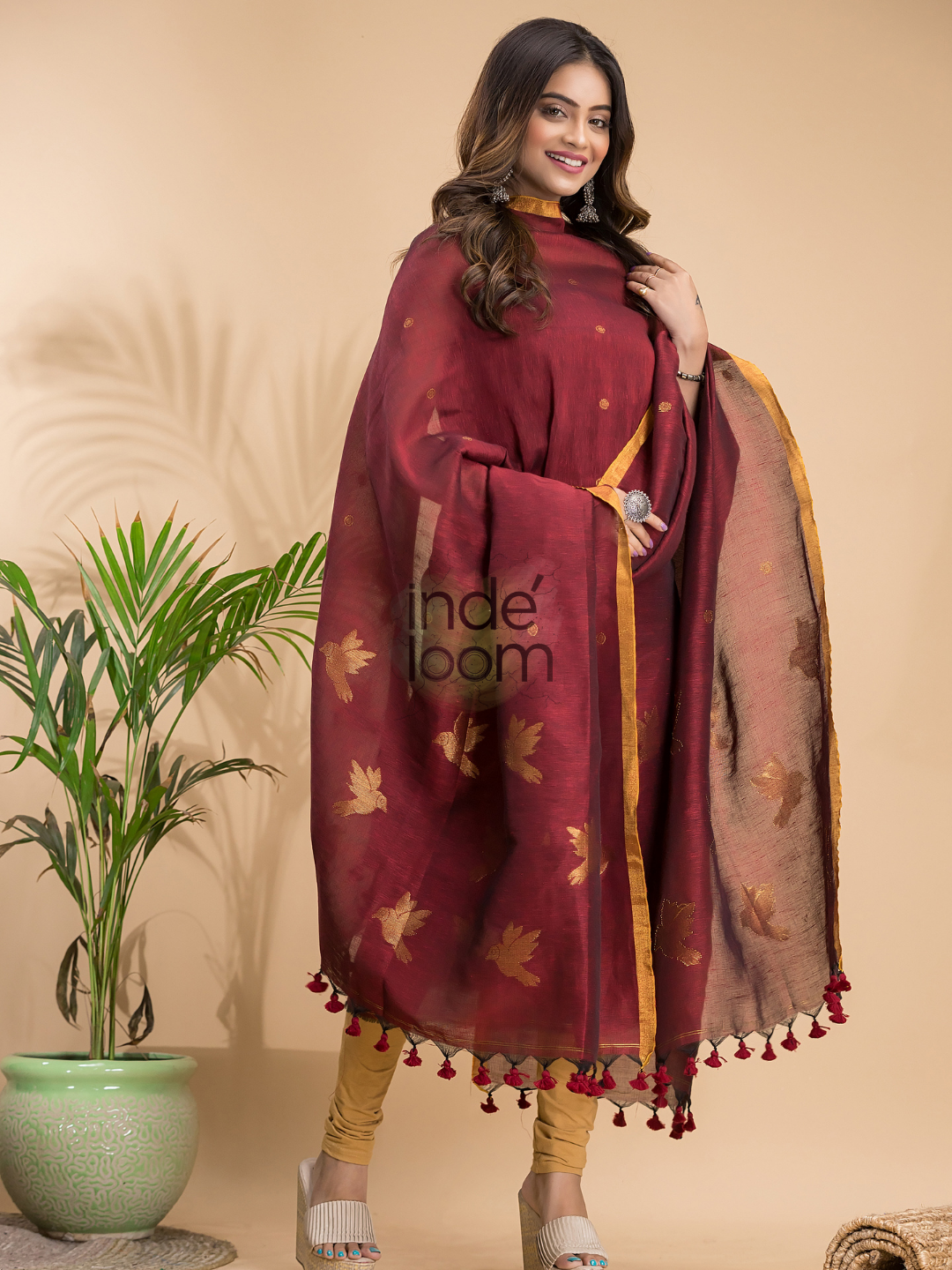 Wine Red Cotton Linen 2-Piece Set Kurti & Dupatta (UNSTITCHED) - 018