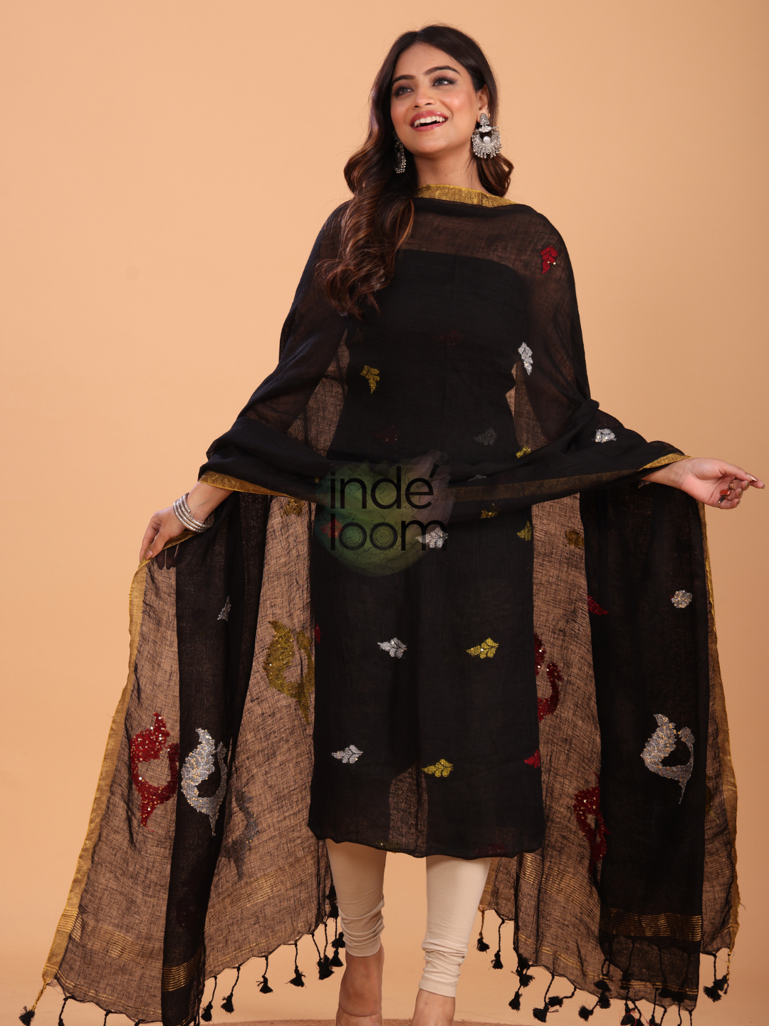 Rich Black Linen Jamdani 2-Piece Set Kurti & Dupatta (UNSTITCHED) - 059