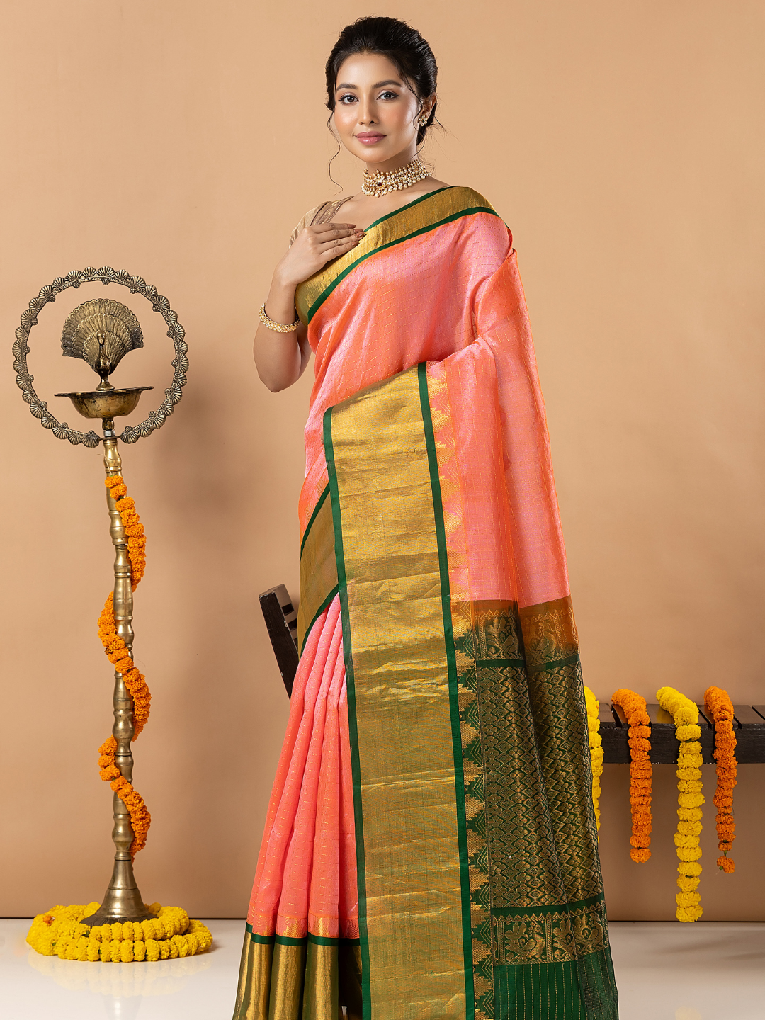 Handloom Korvai Silk Cotton Saree | Peach Coral