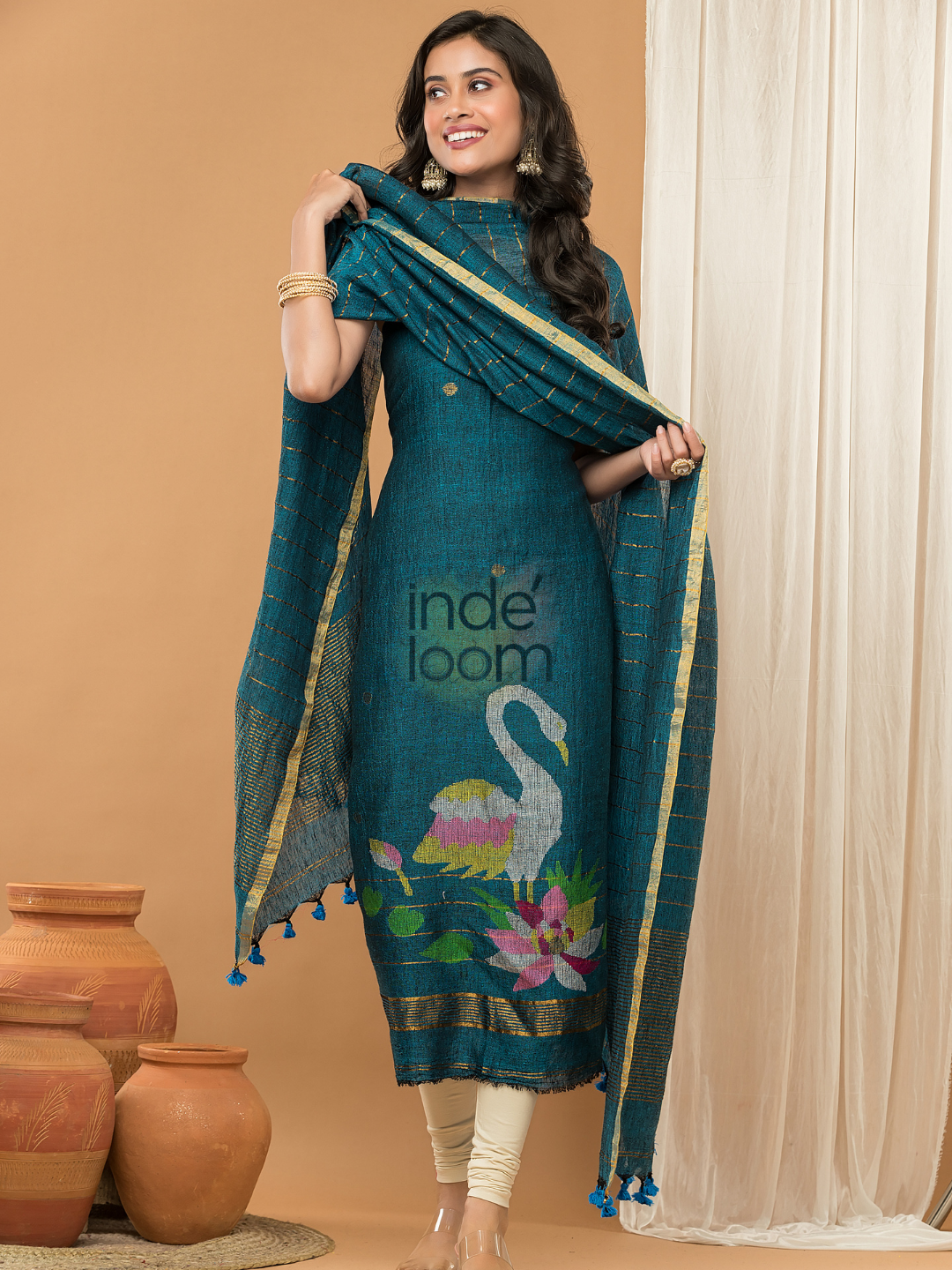 Linen Jamdani Unstitched 2-Piece Kurti  |  Navy Blue