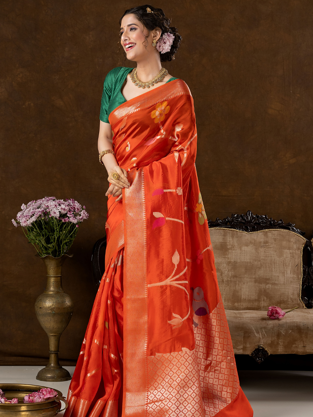 Classic Benarasi Semi Silk Saree | Bright Orange