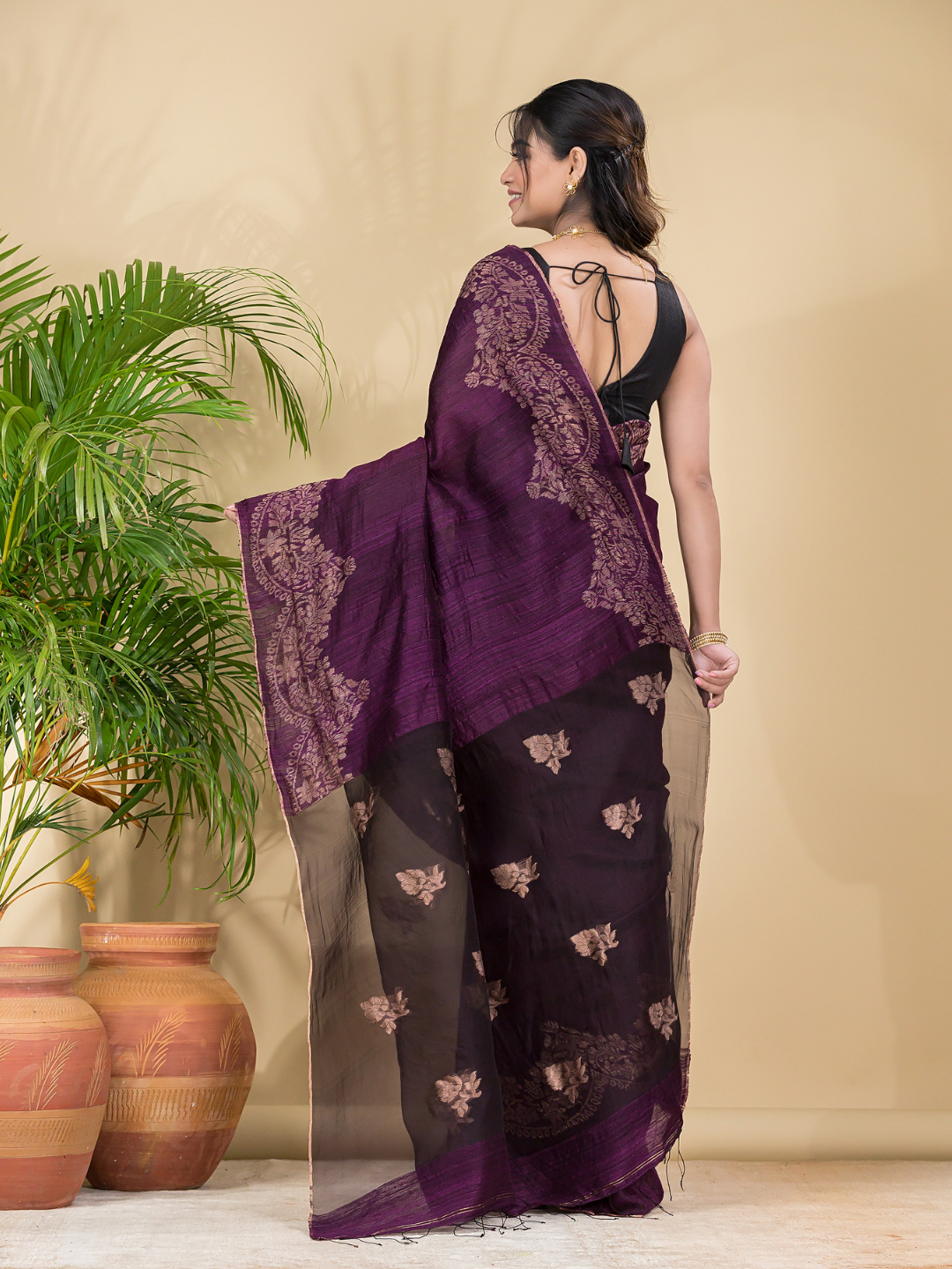Matka Silk Jamdani Saree With Wine Purple - 025