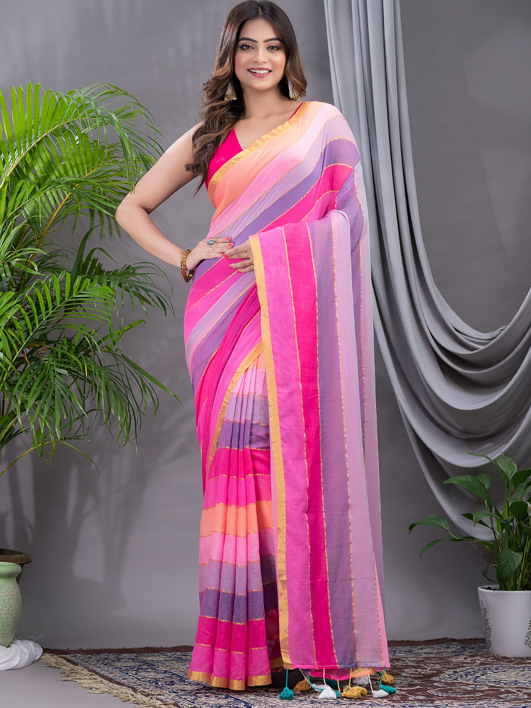 Handloom Mul Cotton Saree With Hot Pink - 002