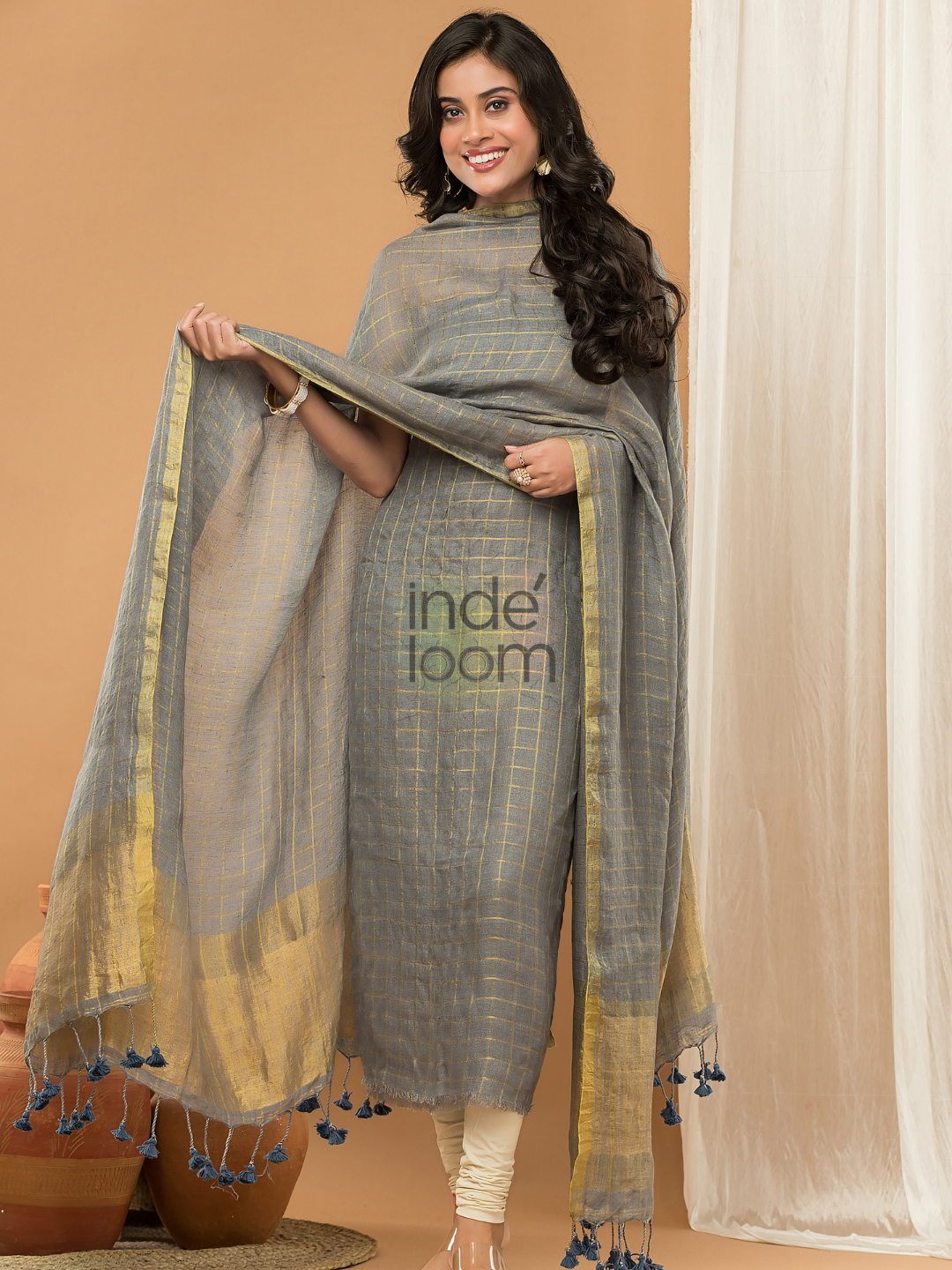 Silver Grey color Jamdani 2-Piece Set Kurti & Dupatta (UNSTITCHED) - 155