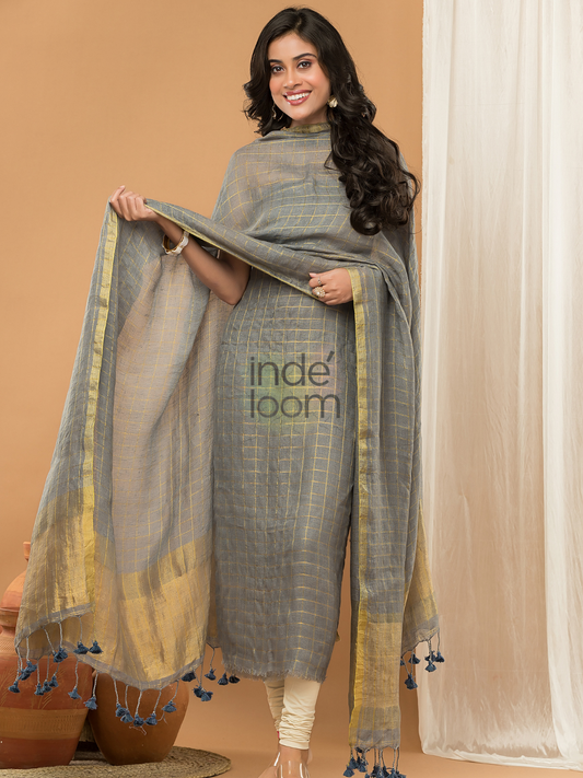 Silver Grey Linen Jamdani 2-Piece Set Kurti & Dupatta (UNSTITCHED) - 155