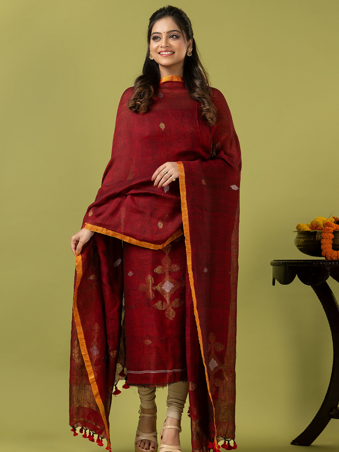 Handwoven Jamdani Linen Unstitched 2-piece Kurti | Deep Red