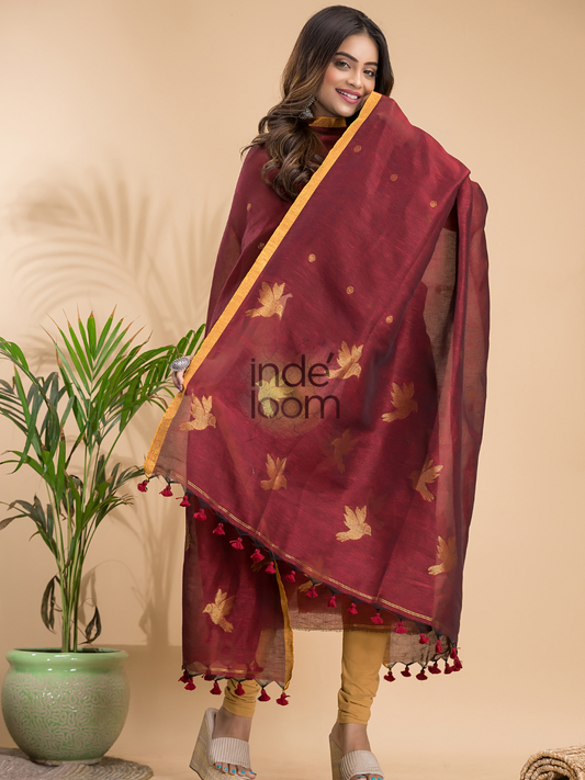 Wine Red Cotton Linen 2-Piece Set Kurti & Dupatta (UNSTITCHED) - 018