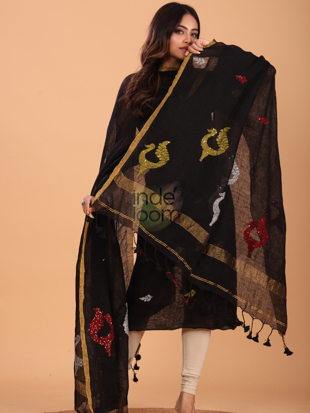 Rich Black Linen Jamdani 2-Piece Set Kurti & Dupatta (UNSTITCHED) - 059