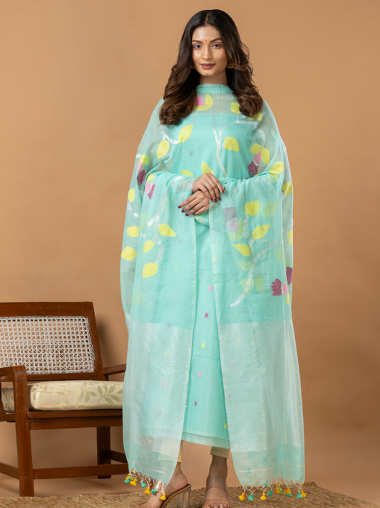 Handwoven Jamdani Muslin Unstitched 2-Piece Kurti | Aqua Mint