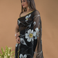 Black Shaded And Flowers  Organza Hand-painted Saree -077