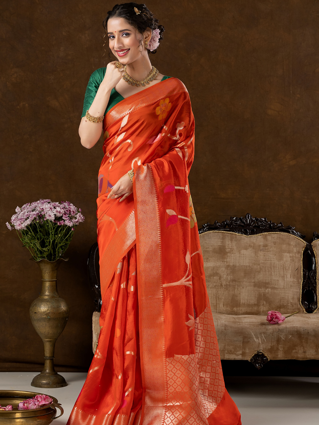 Classic Benarasi Semi Silk Saree | Bright Orange