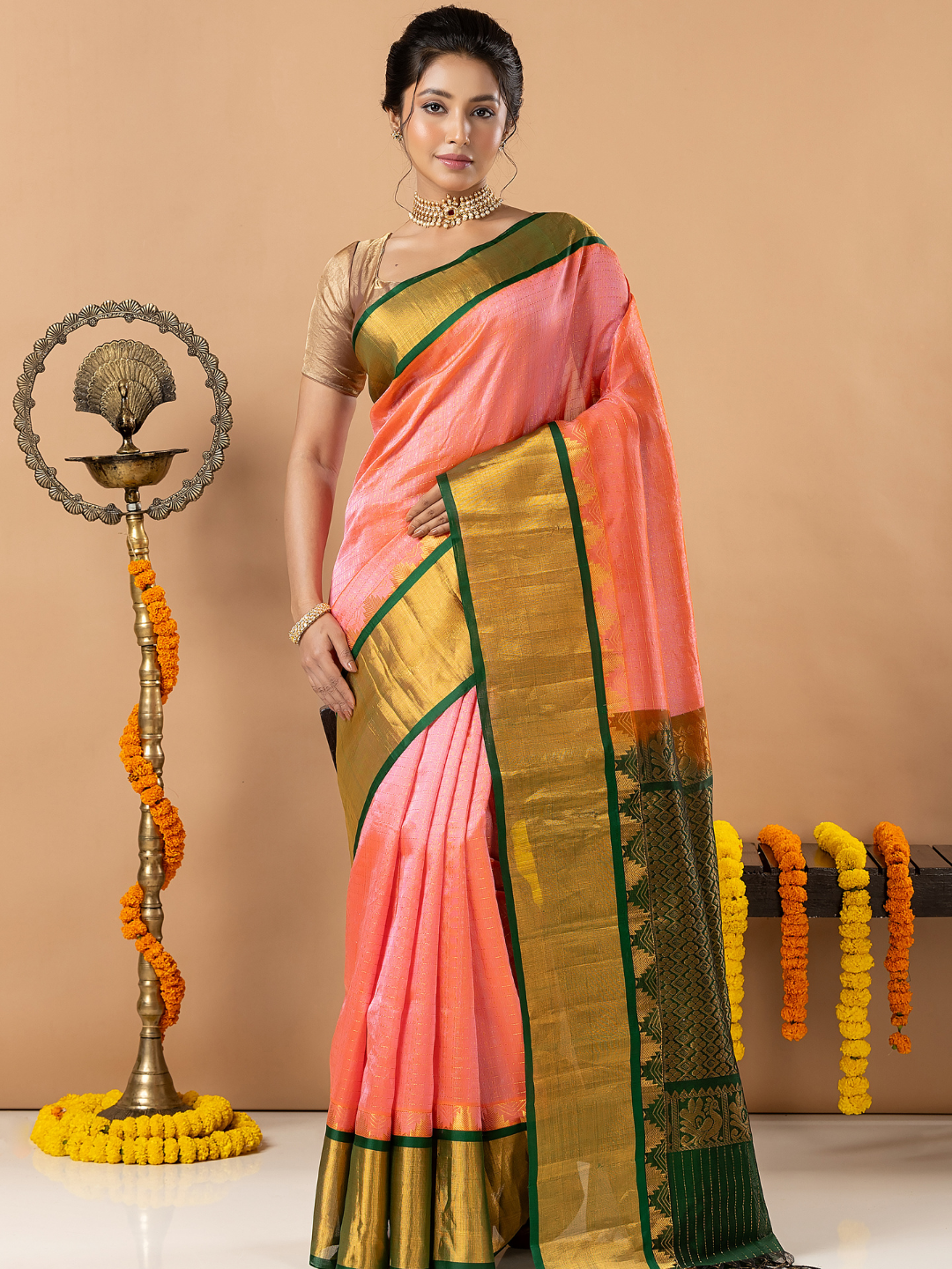 Handloom Korvai Silk Cotton Saree | Peach Coral