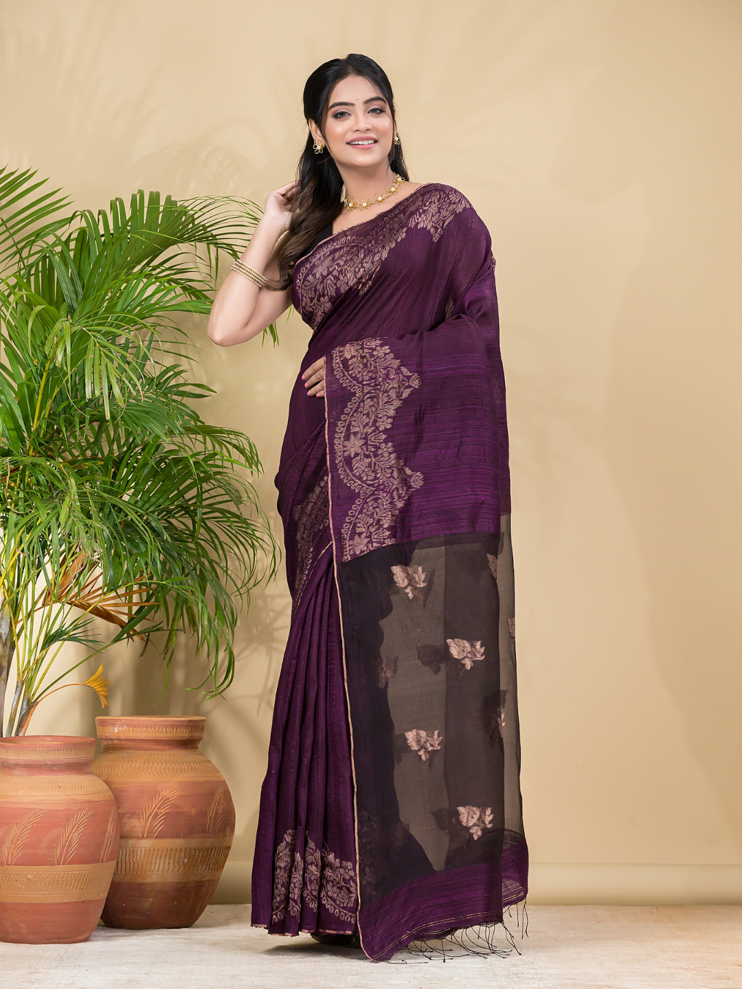 Matka Silk Jamdani Saree With Wine Purple - 025