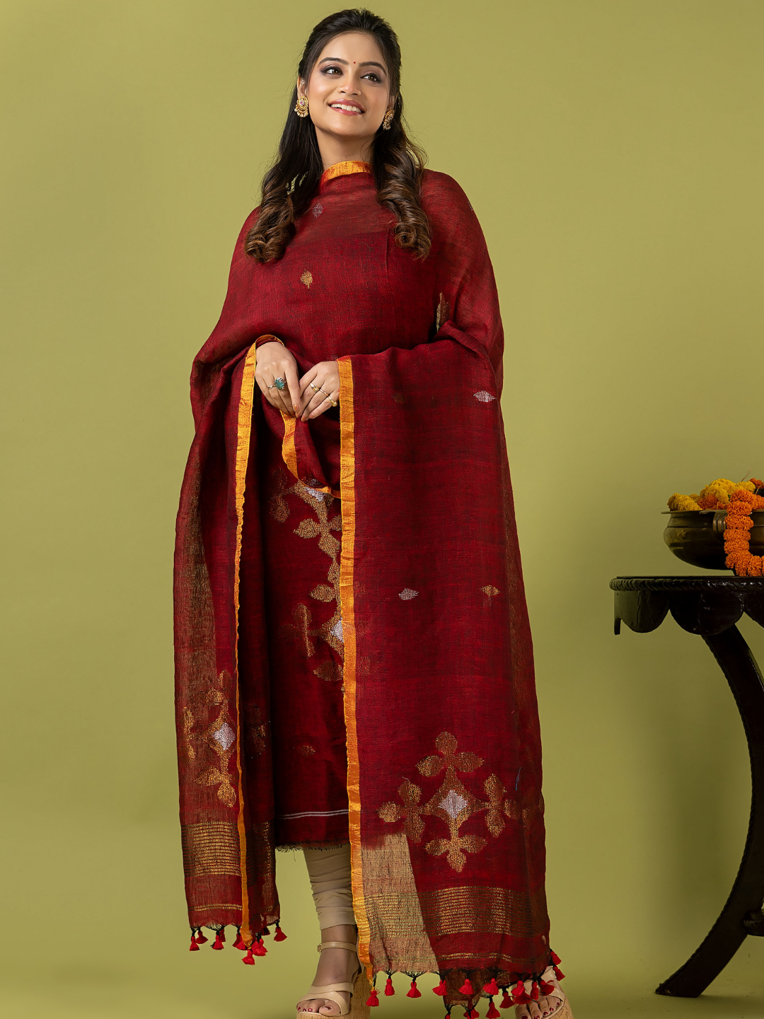Handwoven Jamdani Linen Unstitched 2-piece Kurti | Deep Red