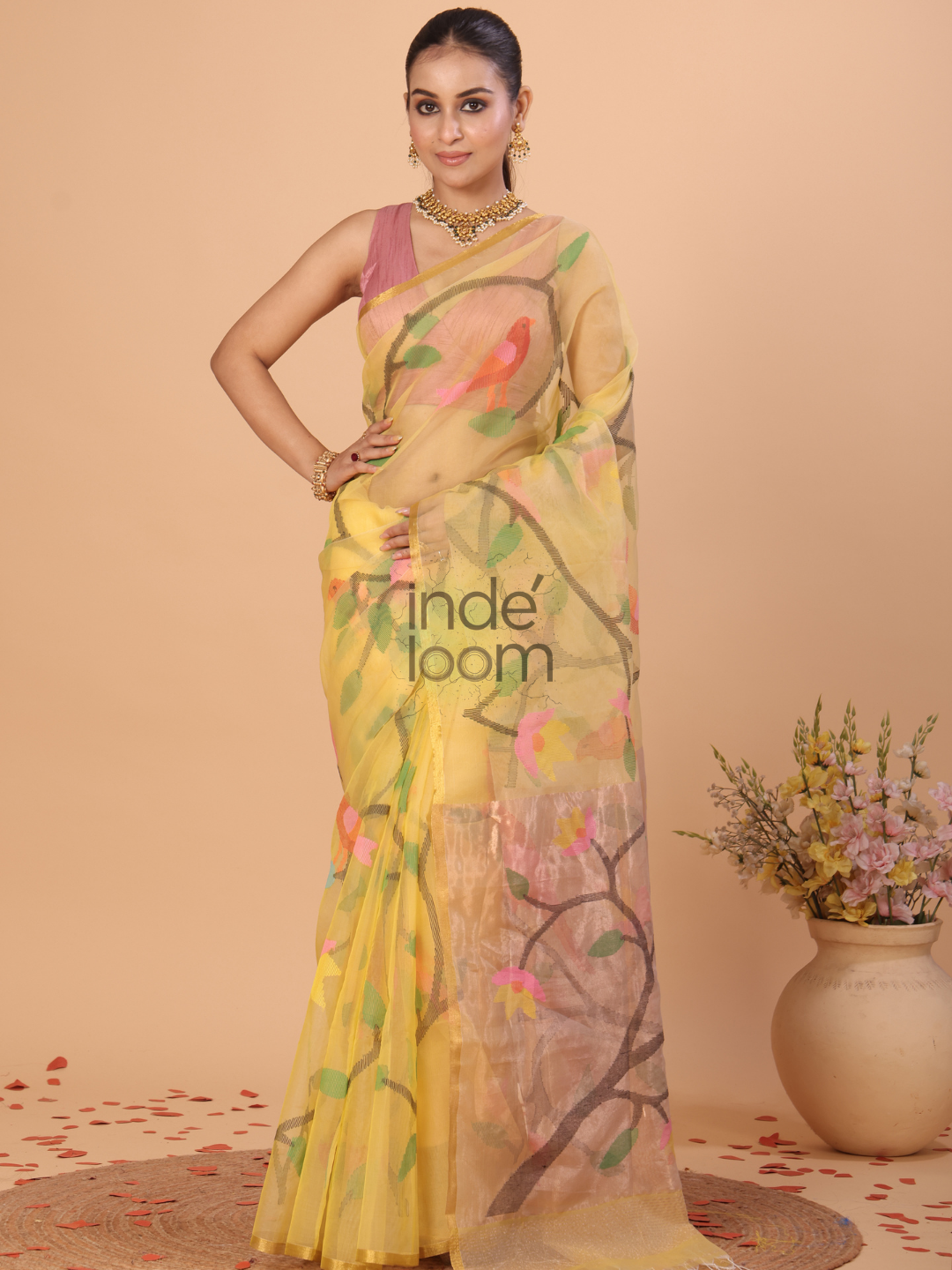 Muslin Tissue Jamdani Saree With Corn Yellow - 126