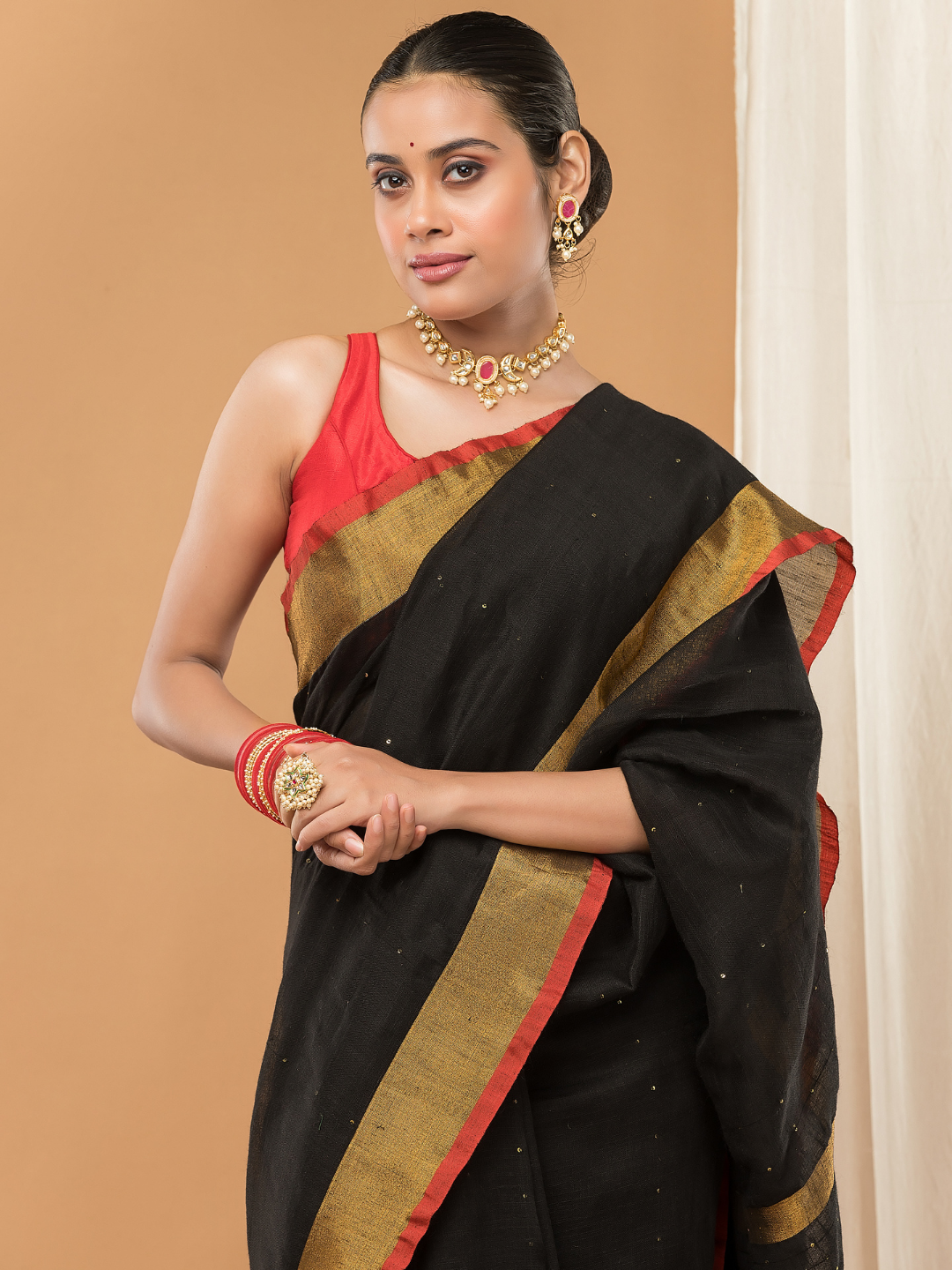 Linen Sequin Jamdani Saree With Super Black -004