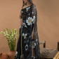 Black Shaded And Flowers  Organza Hand-painted Saree -077