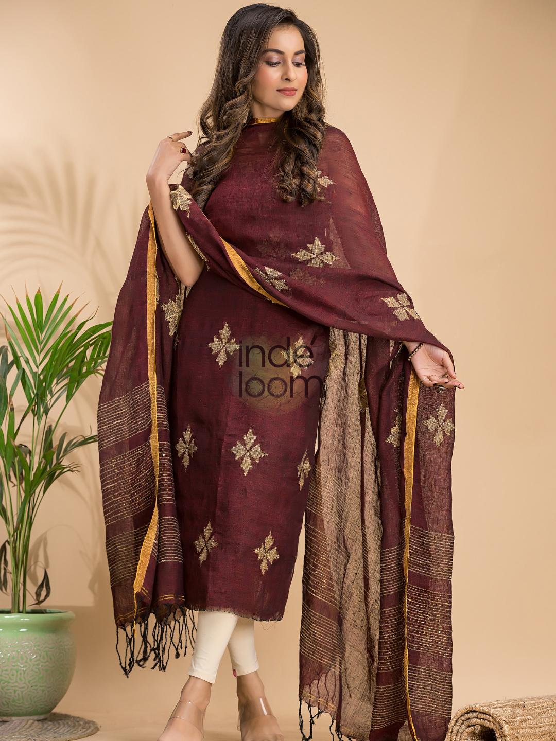 Marron Linen X Linen 2-Piece Set Kurti & Dupatta (UNSTITCHED) - 019