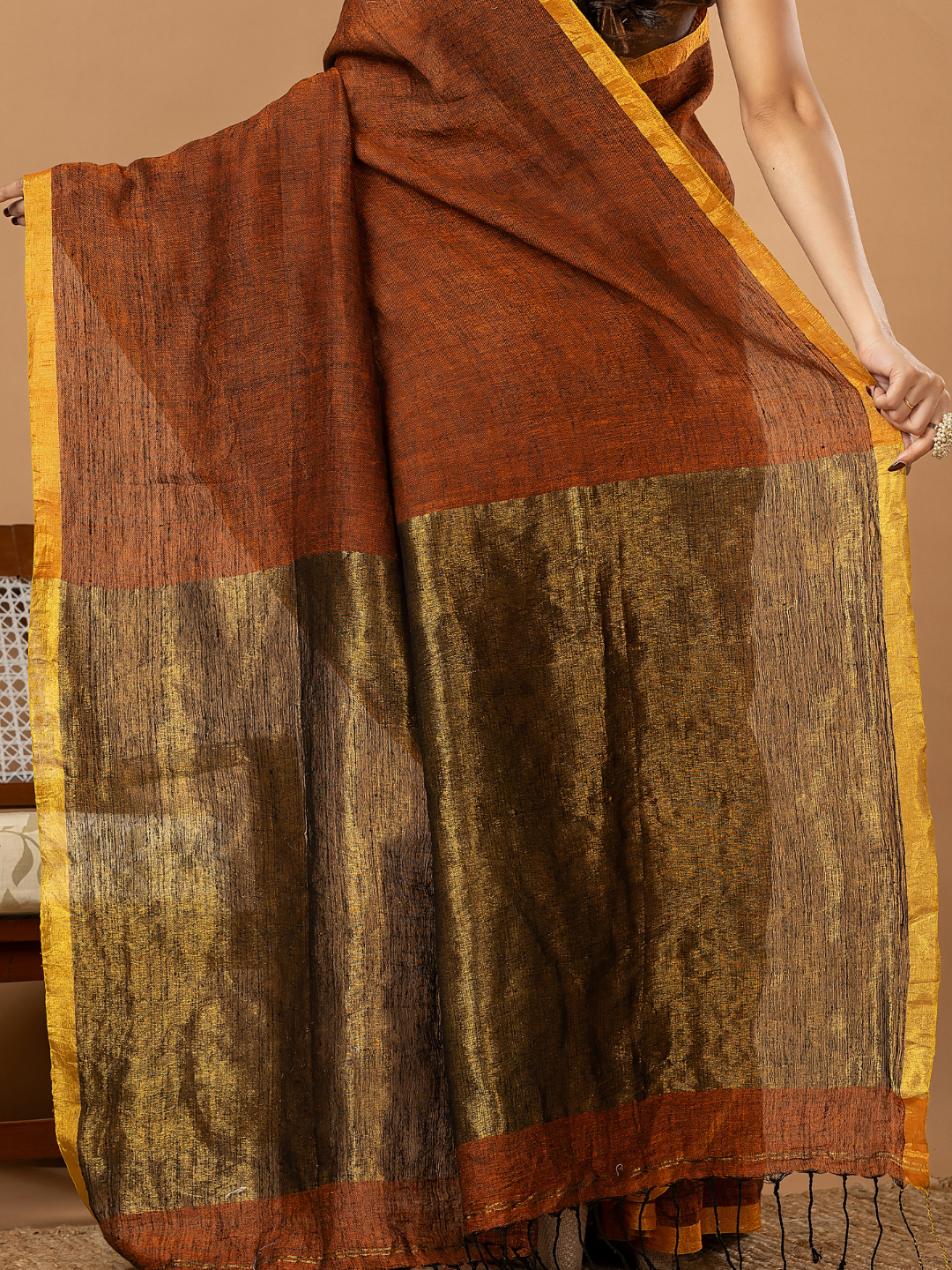 Pure Handloom Linen Saree | Rust Brown