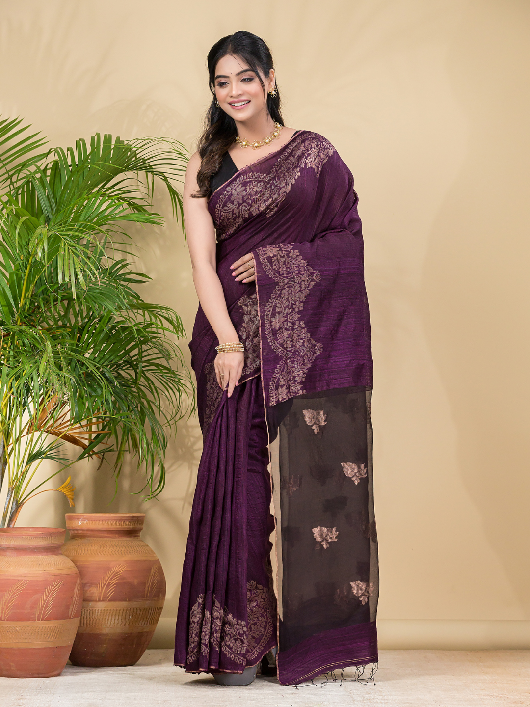 Matka Silk Jamdani Saree With Wine Purple - 025