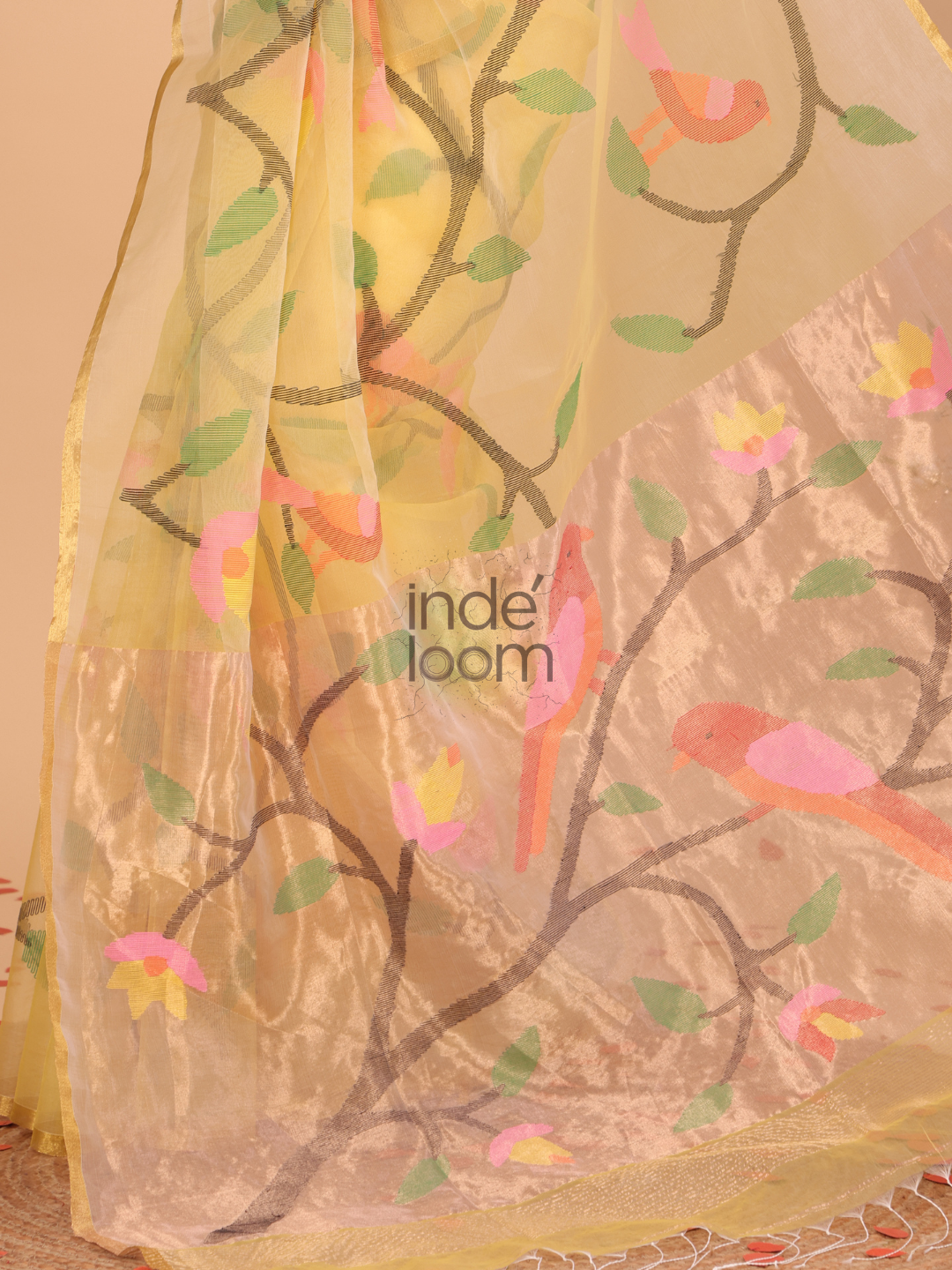 Muslin Tissue Jamdani Saree With Corn Yellow - 126