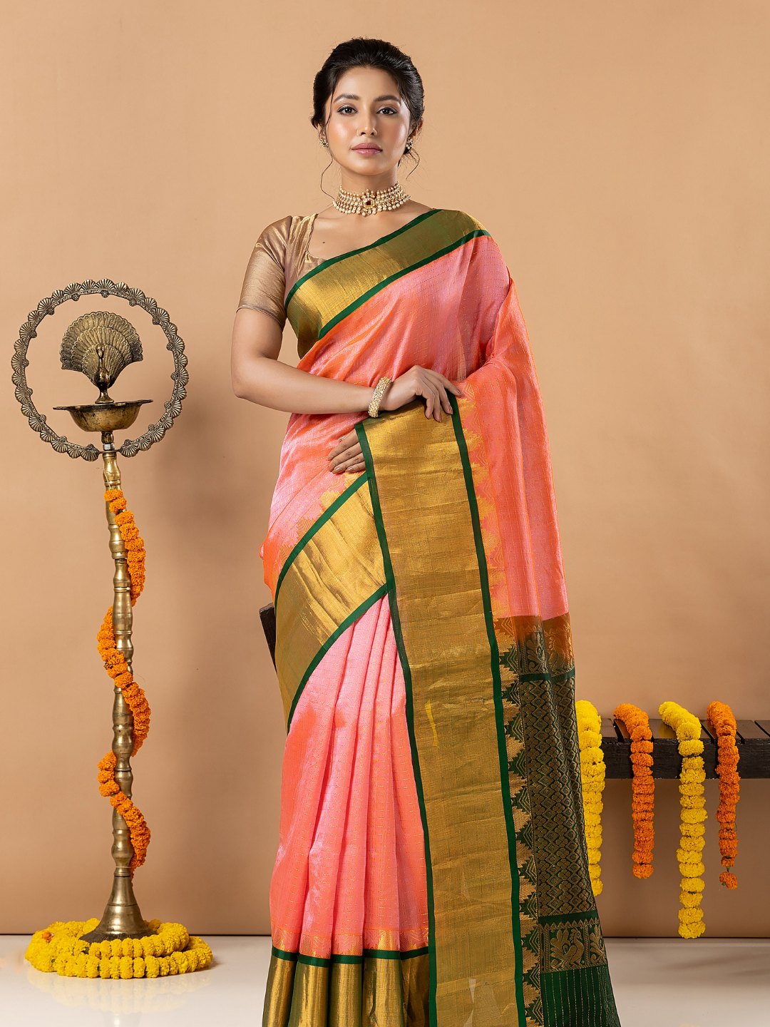 Handloom Korvai Silk Cotton Saree | Peach Coral