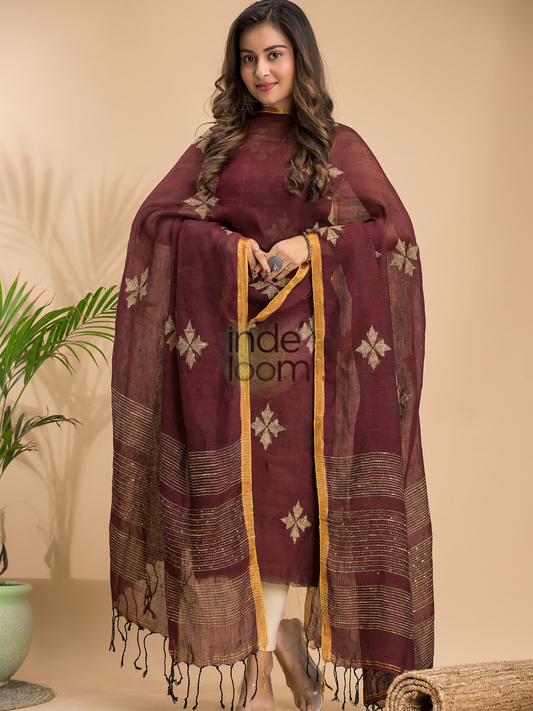 Marron Linen X Linen 2-Piece Set Kurti & Dupatta (UNSTITCHED) - 019