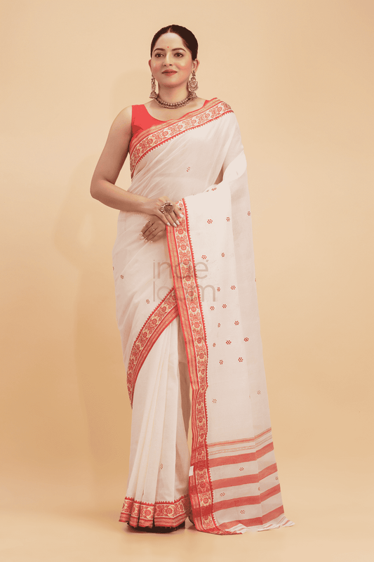 Durga Puja Silk Saree in Red White-018 - indeloom