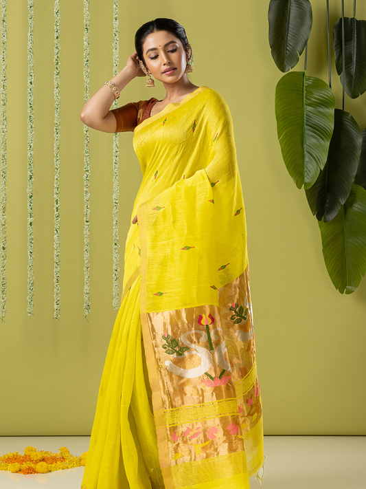 Handwoven Jamdani Silk Tissue Linen Saree | Bright Yellow