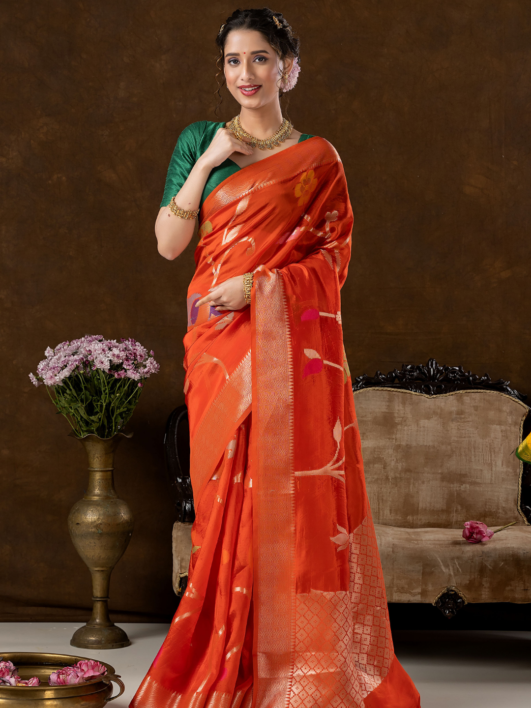 Classic Benarasi Semi Silk Saree | Bright Orange