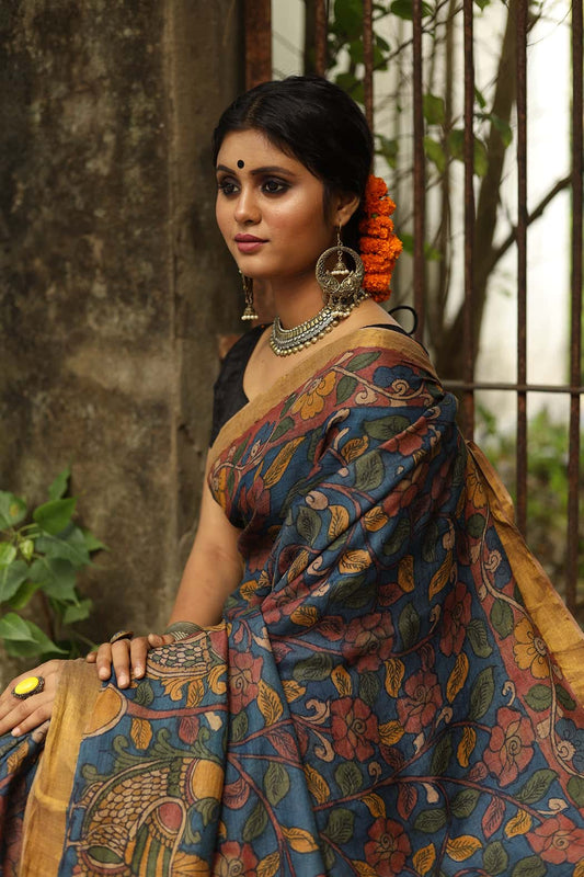 Traditional Handpainted Pen Kalamkari Tussar Silk Saree  |  Taupe Grey