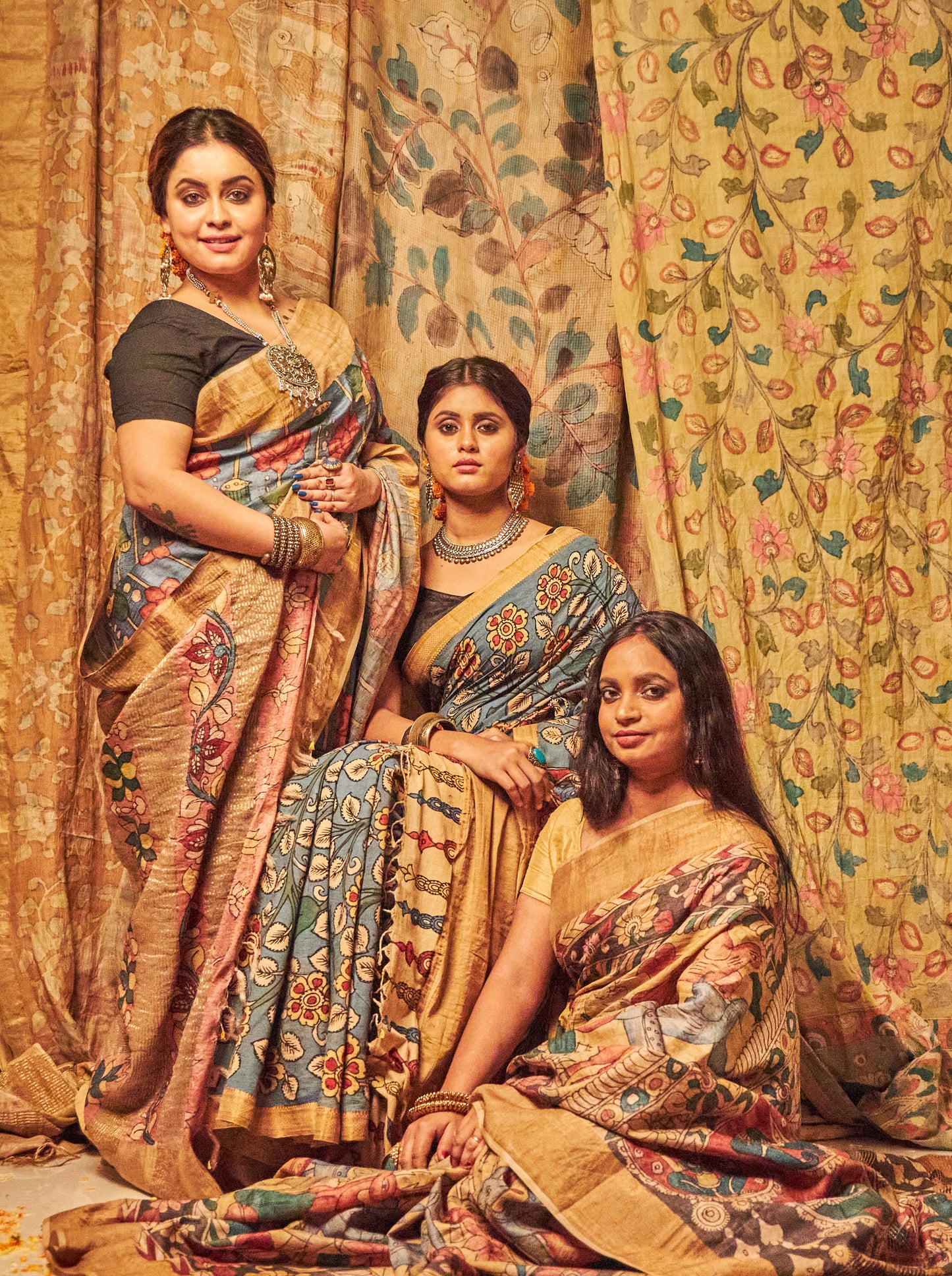 Traditional Handpainted Pen Kalamkari Tussar Silk Saree  |  Sky Blue