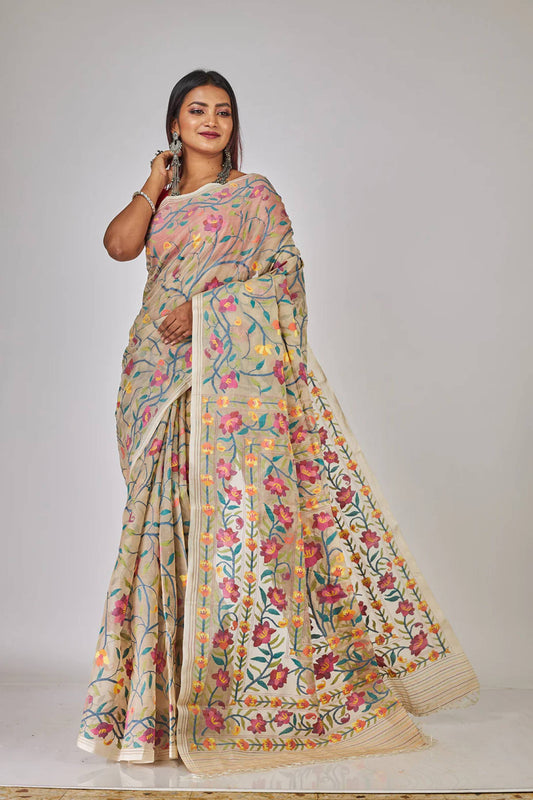 Handwoven Pure Jamdani Muslin Saree  |  Almond Beige