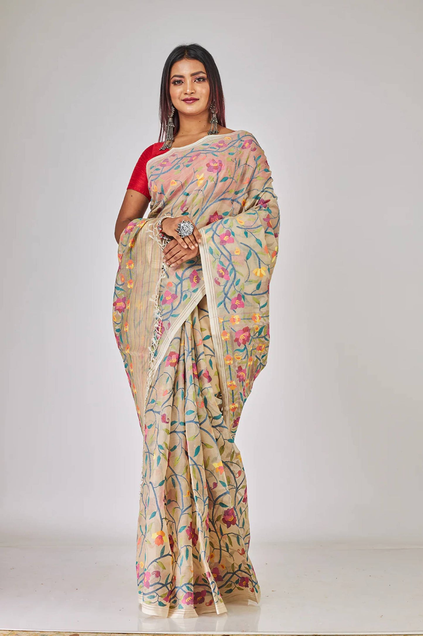 Handwoven Pure Jamdani Muslin Saree  |  Almond Beige