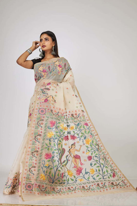 Handwoven Pure Jamdani Muslin Saree  |  Warm Ivory