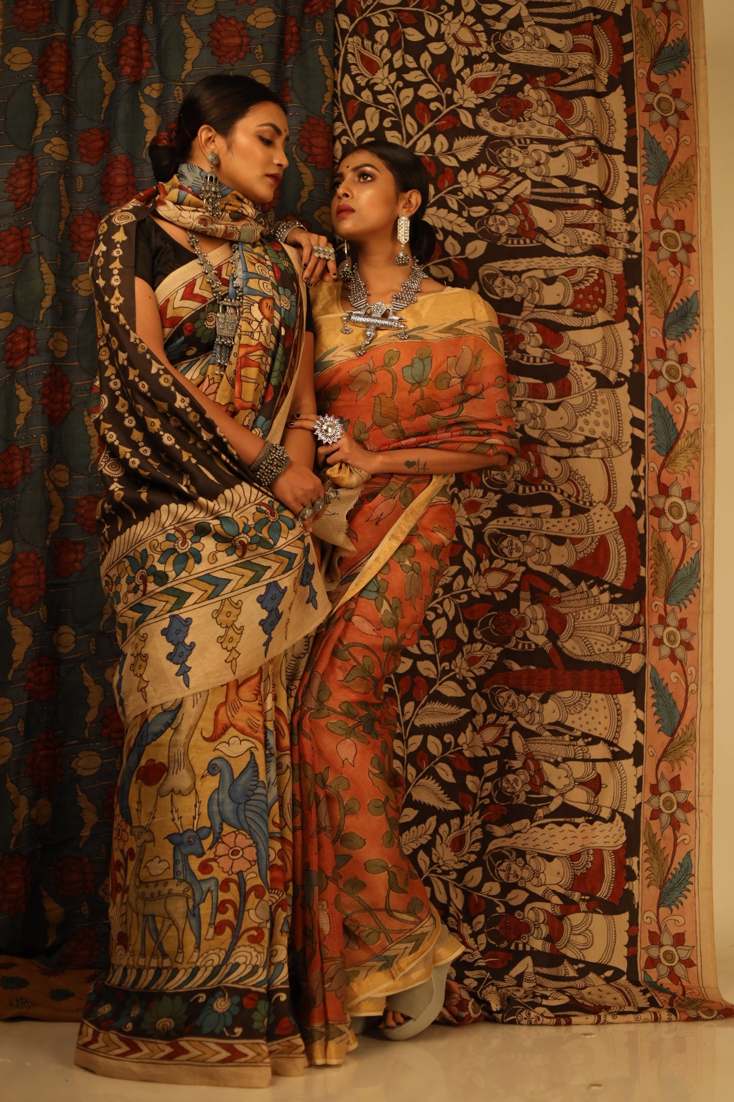 Fire Orange Floral Tussar Silk Kalamkari Saree - 025