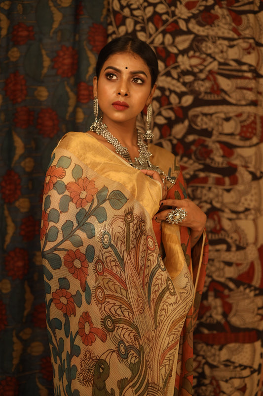 Traditional Handpainted Pen Kalamkari Tussar Silk Saree  |  Burnt Orange