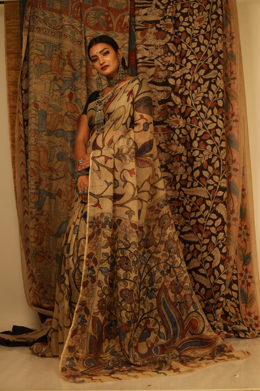 Traditional Handpainted Pen Kalamkari Tussar Silk Saree  |  Warm Beige