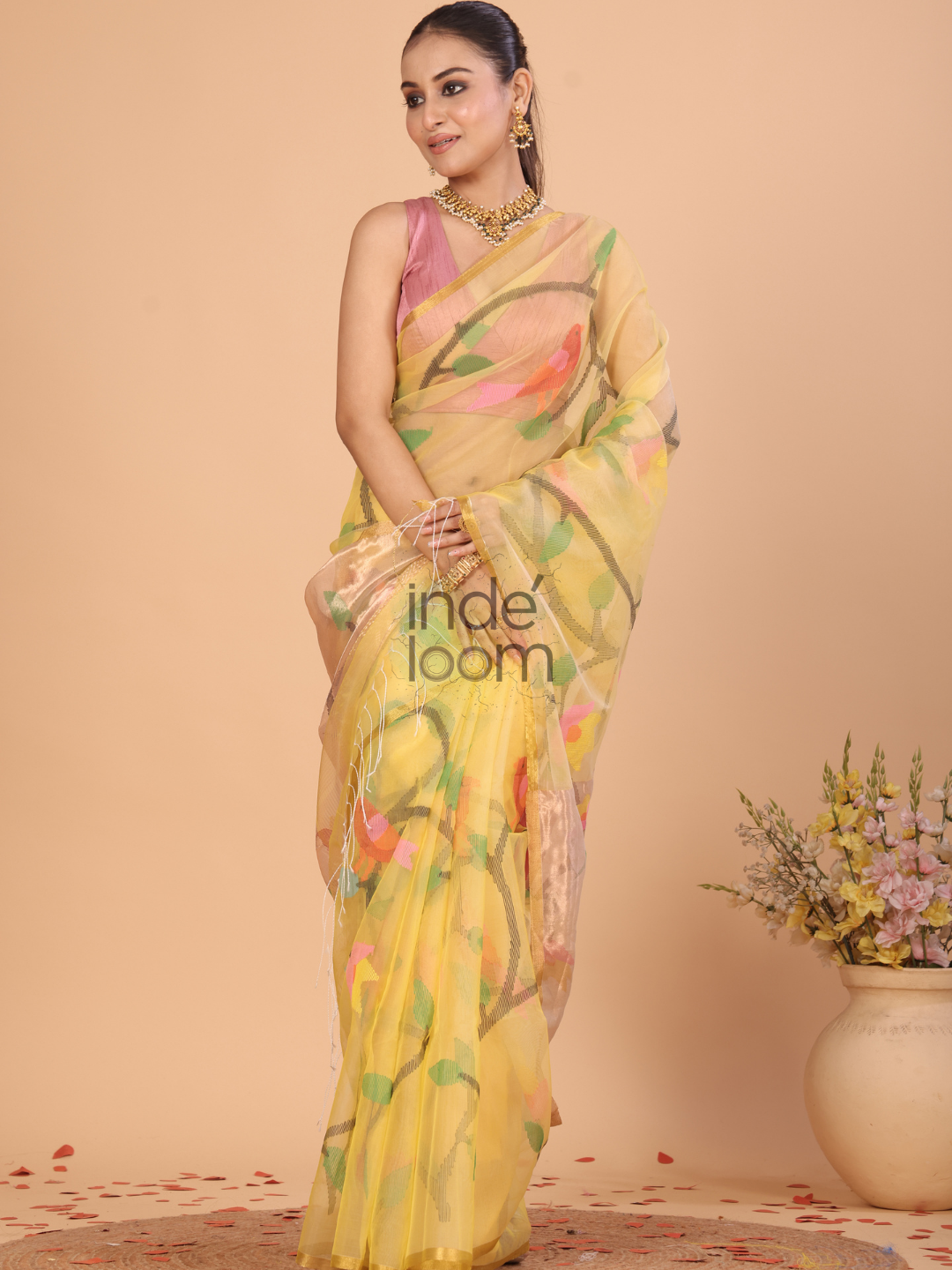 Muslin Tissue Jamdani Saree With Corn Yellow - 126