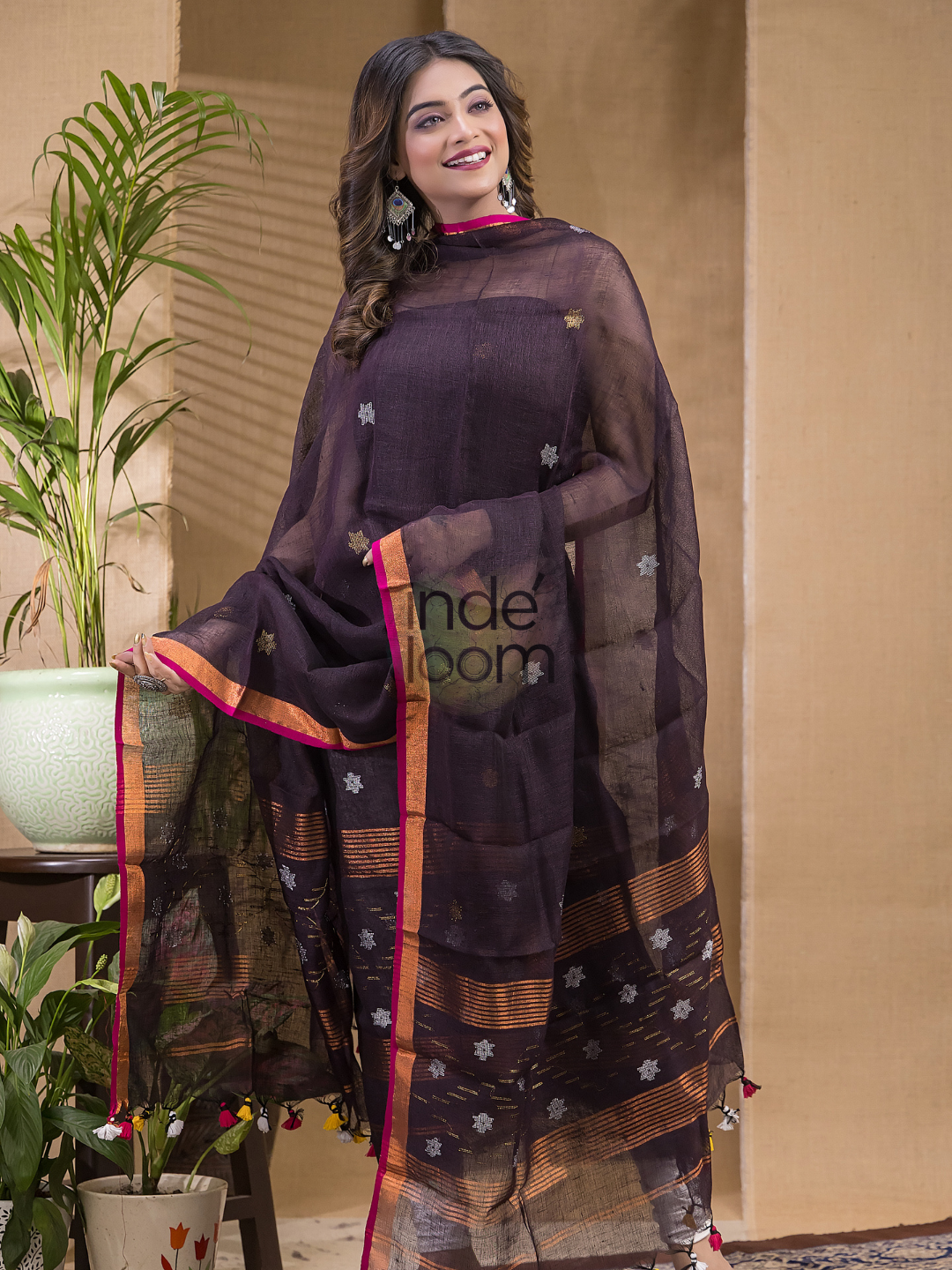 Smokey Black Pure Linen Suit 2 Piece Set Kurti & Dupatta (UNSTITCHED) -624