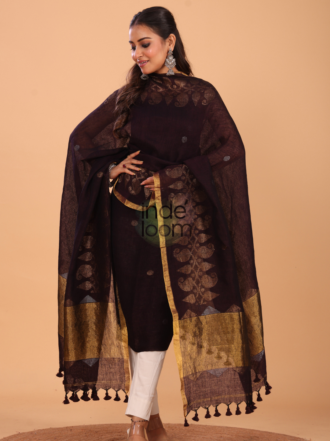 Wine Red Linen Jamdani 2-Piece Set Kurti & Dupatta (UNSTITCHED) - 060