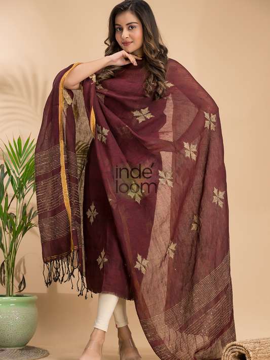 Marron Linen X Linen 2-Piece Set Kurti & Dupatta (UNSTITCHED) - 019